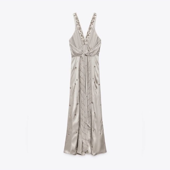 Zara Women’s Satin Dress with Embroidery Limited Edition Size XS NWT Pearl Grey - Picture 6 of 12